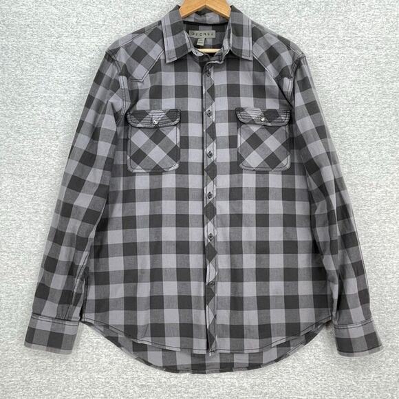 Decree Shirt Mens Large Black Grey Plaid Button Up Roll Tab Sleeve Pockets - Picture 1 of 10